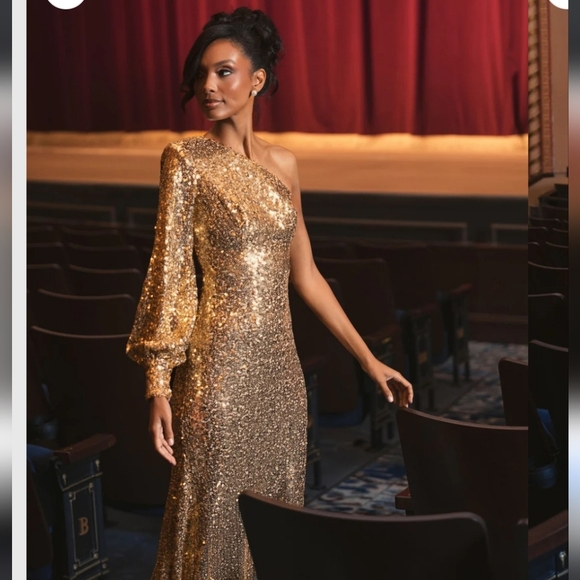 NWT!! IEENA- Mac Duggal,Sequined One Shoulder Bishop Sleeve Trumpet Gown, Gold - Picture 5 of 14